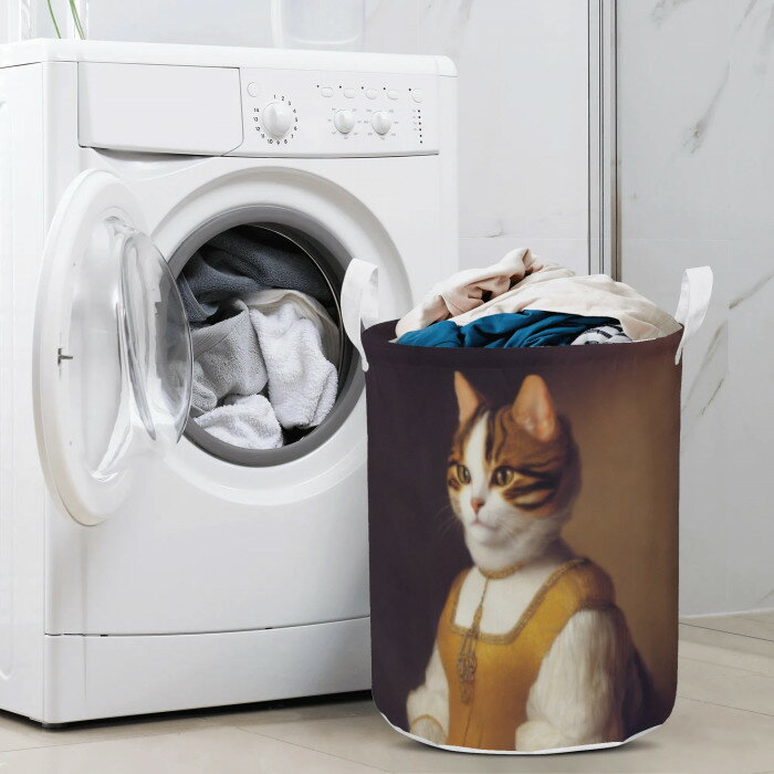 送料無料 ラウンドランドリーバスケット 折りたたみ 洗濯かご スリム 大容量 省スペース ランドリーバッグ 洗濯物 持ち運び可能 軽量 コンパクト mozemoze 猫の肖像画 A