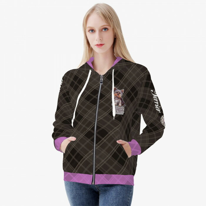 お得なクーポン 送料無料 ジップアップパーカー レディース フーディー 大きめ ゆったり オーバーサイズ ポケット付き 丸洗いOK 8サイズ おちたけみち ヨークシャーテリア柄