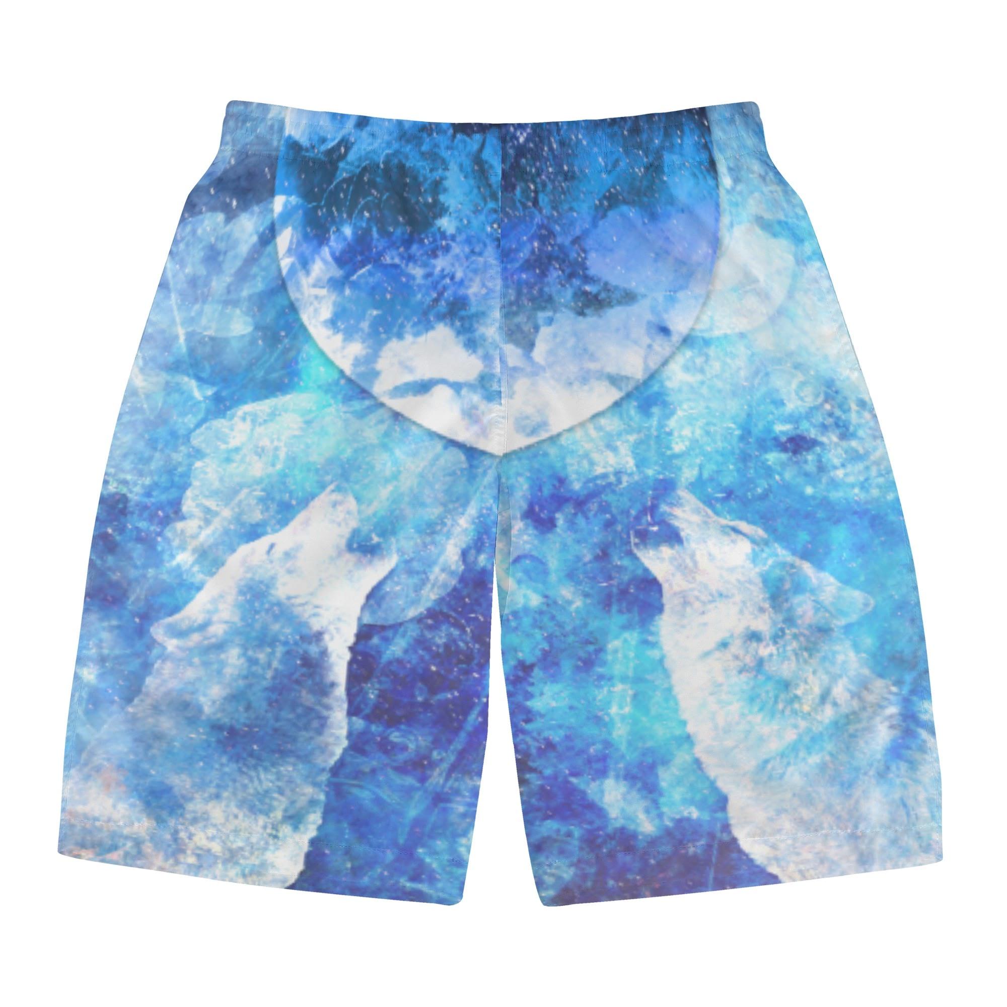 お得なクーポン 送料無料 想叫の狼(メンズサーフパンツ) メンズサーフパンツ メンズ 動物 アート ブルー 青 クール 月 爽やか 幻想的 アニマル 物語 オオカミ 想い ストーリー 遠吠え 叫ぶ