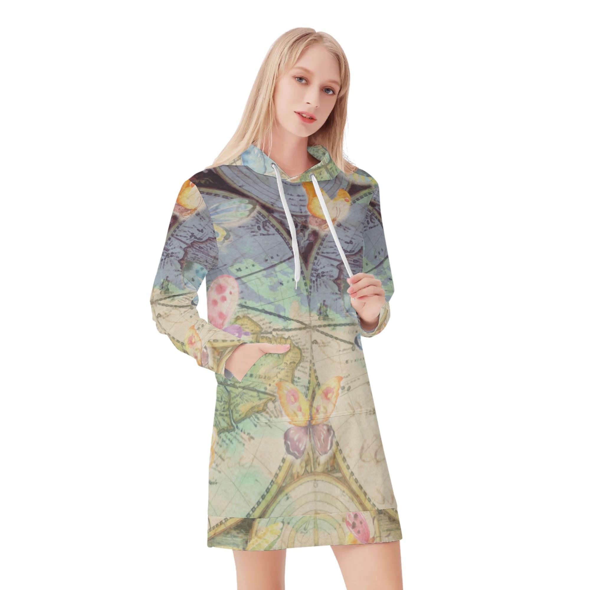 お得なクーポン 送料無料 旅する蝶々(パーカーワンピース) パーカーワンピース レディース アート デザイン 綺麗 個性的 お洒落 ファンタジー 蝶々 大人可愛い アンティーク コラージュ