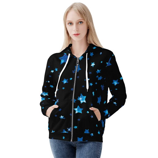 お得なクーポン 送料無料 GalaxyStar B レディースジップアップフードパーカー レディース 青 黒 星 宇宙柄 galaxy 星型 B 冴木みやこ お得なクーポン 送料無料 GalaxyStar B レディースジップアップフードパーカー レディース 青 黒 星 宇宙柄 galaxy 星型 B 冴木みやこ