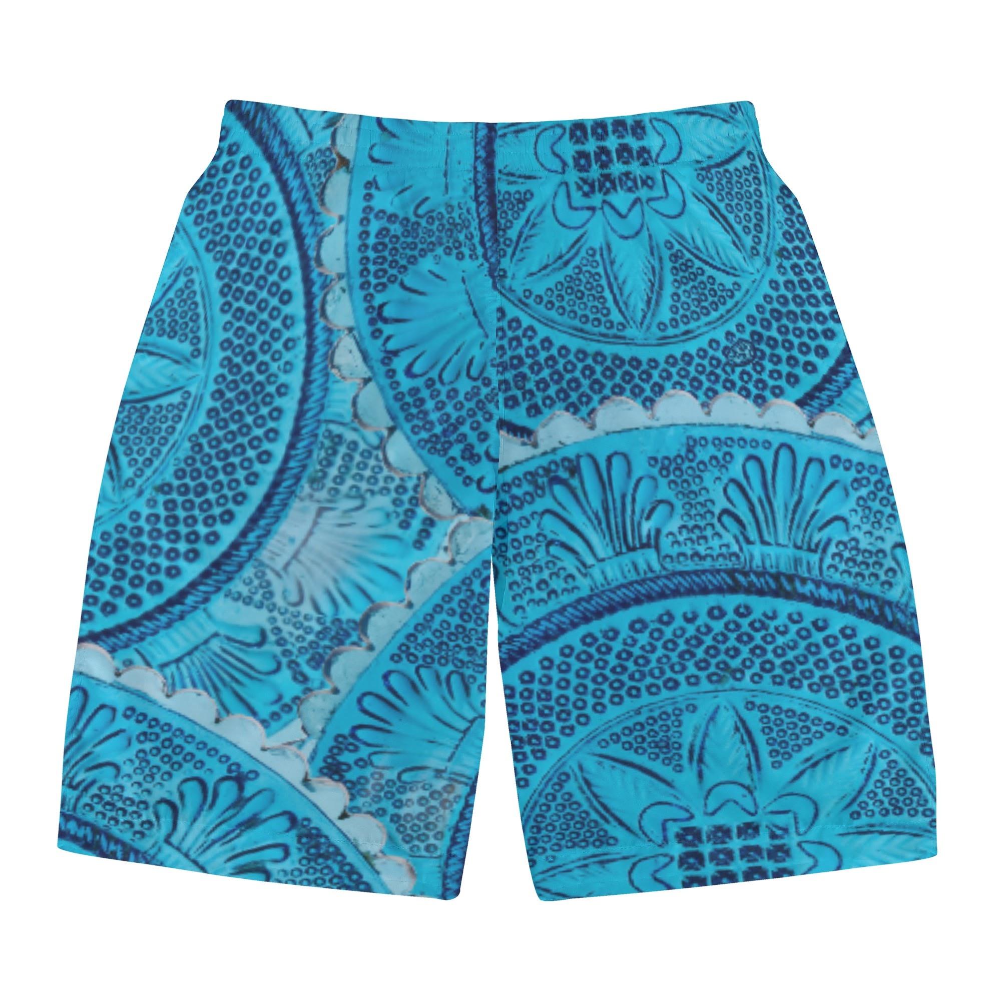 お得なクーポン 送料無料 水色ガラスプレートのデザイン(メンズサーフパンツ) メンズサーフパンツ メンズ アート 青 水色 模様 レース お茶 ガラス 19世紀 グラス glass 皿 プレート Hiibuni