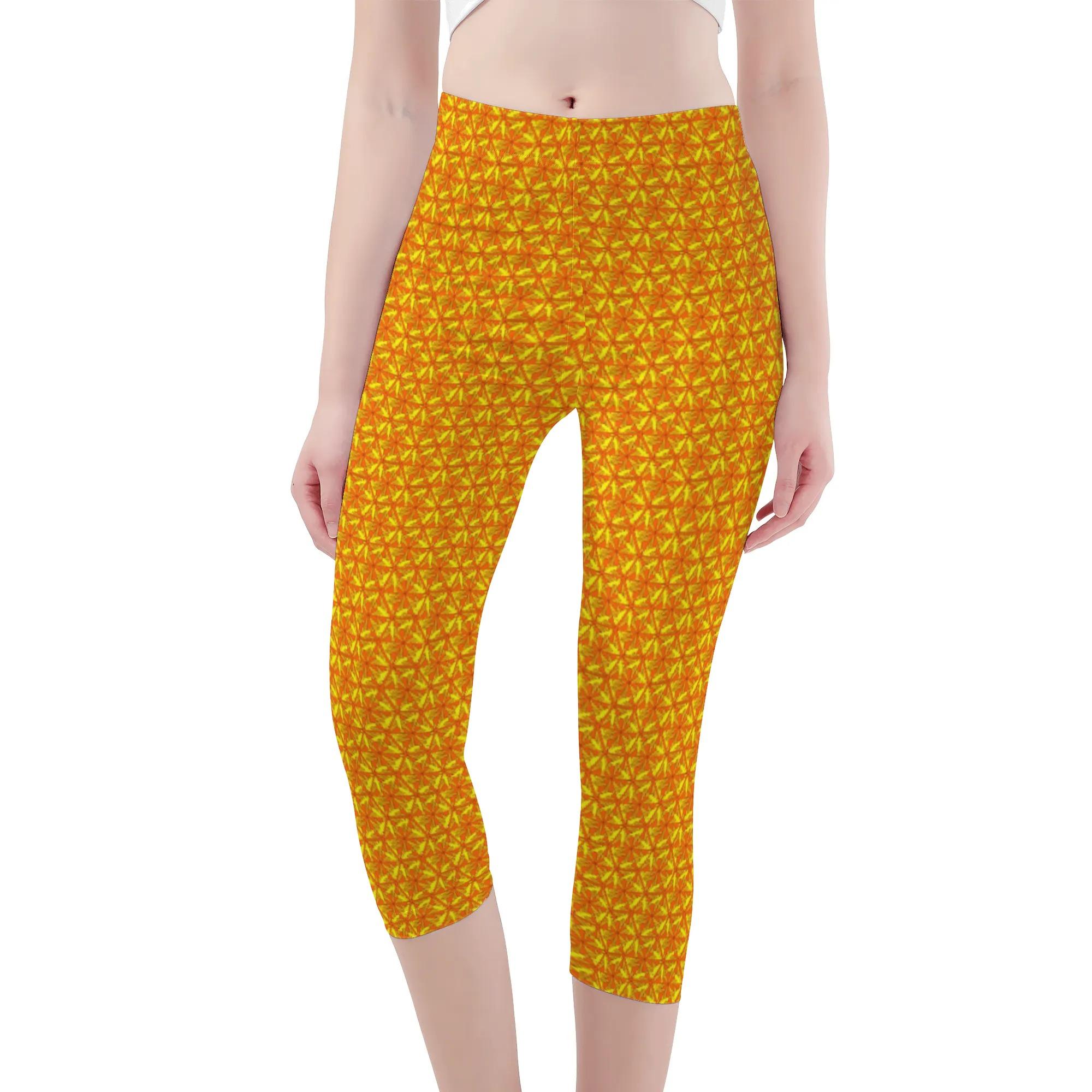 お得なクーポン 送料無料 六角形の鳥 レギンス 7分丈 レディース 動物 鳥 オレンジ 黄色 模様 フランス キジ アール・ヌーヴォー リトグラフ Hiibuni ★★★