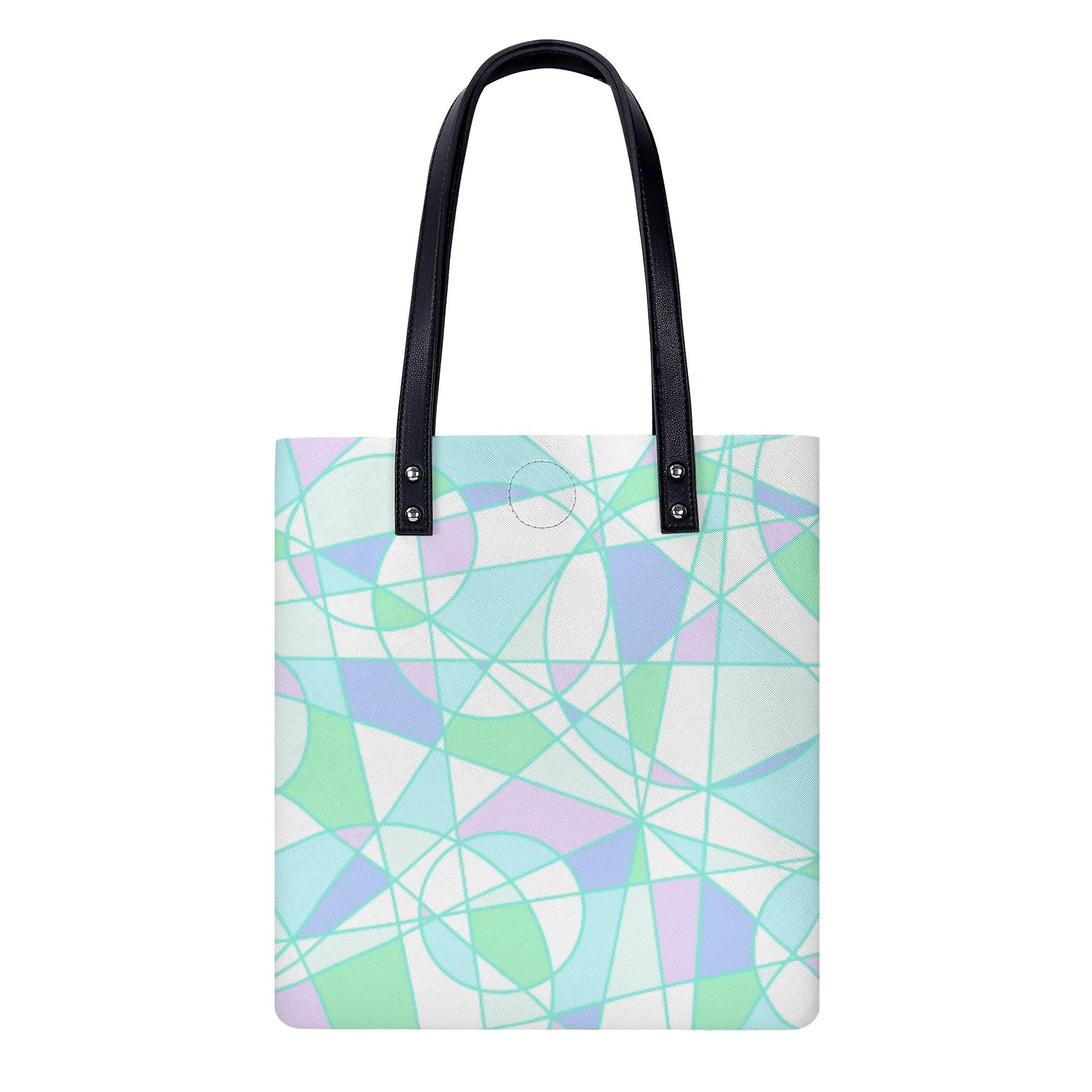 お得なクーポン 送料無料 Geometric pattern 【3】(PUレザーハンドバッグ) PUレザーハンドバッグ ユニセックス バッグ アート ブルー パターン パステルカラー 青系 幾何学模様 ソフト charamaru