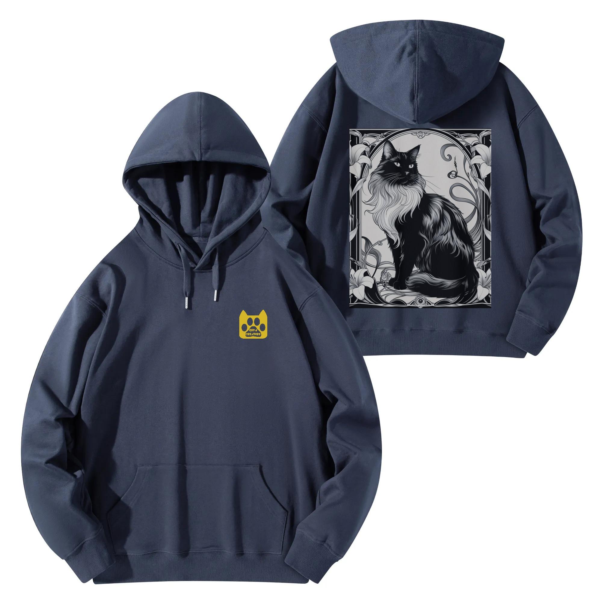 お得なクーポン 送料無料 エレガントな花柄のフレームのアールヌーボー調黒猫(コットンパーカー) コッ..