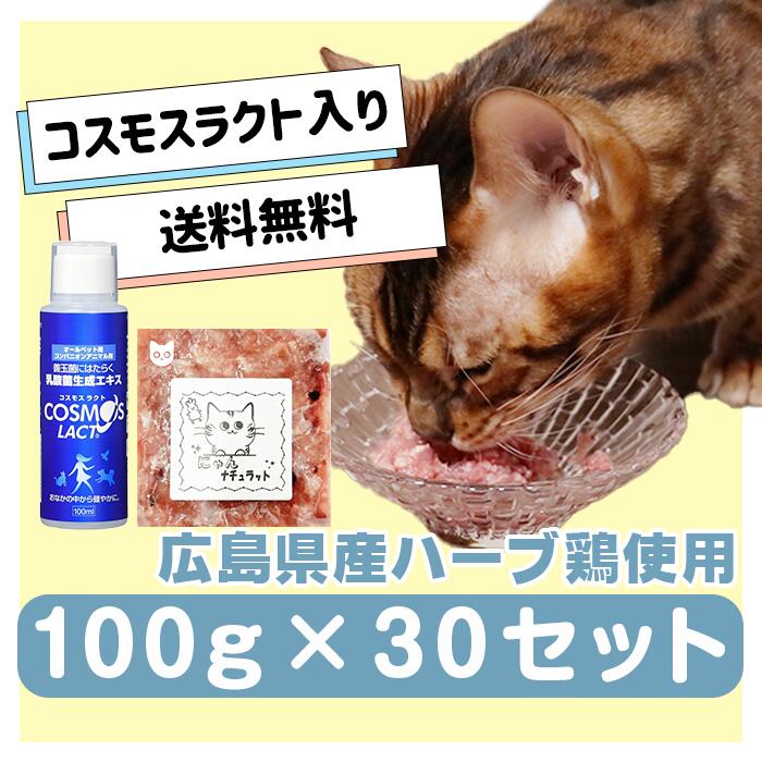 国産鶏使用生肉ペットフード コスモスラクト入りにゃんナチュラット 3kg（100g×30セット）