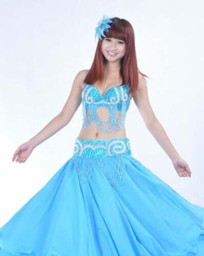 ベリーダンス 衣装 Outfit 2 セット ブラ&ベルト 32-34A/B/C Light Blue コスチューム ダンス 衣装 発表会