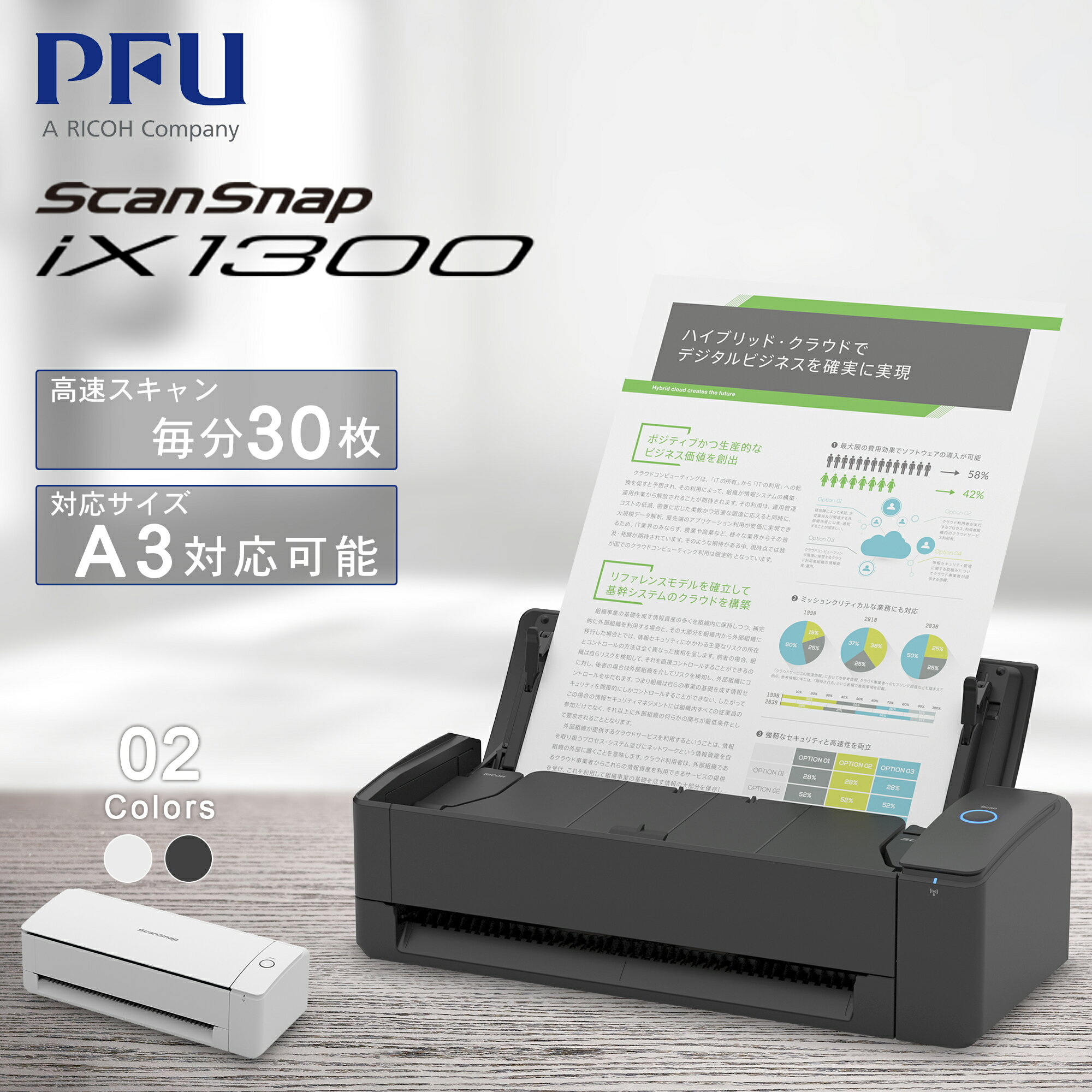 スキャナー A3 富士通 PFU ScanSnap iX1300 最大A3 対応 コンパクト 両面 2つ折り Wi-Fi ドキュメントスキャナ 本の自炊 名刺の整理 レシートで家計簿 FI-IX1300A FI-IX1300ABK