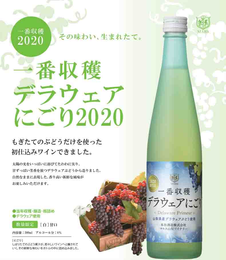白ワイン 一番収穫 デラウェア にごり [2020] 500ml 8％ [ 本坊酒造 マルス山梨ワイナリー / 山梨県 白ワイン 甘口 / デラウェア / 季節のワイン ]