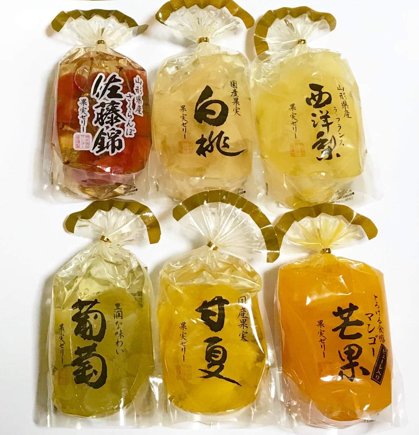 【最大440円OFFクーポン配布中】サンヨー堂 さくらんぼ、白桃、西洋梨、葡萄、甘夏、芒果、果実ゼリー 各350g　6種セットのサムネイル