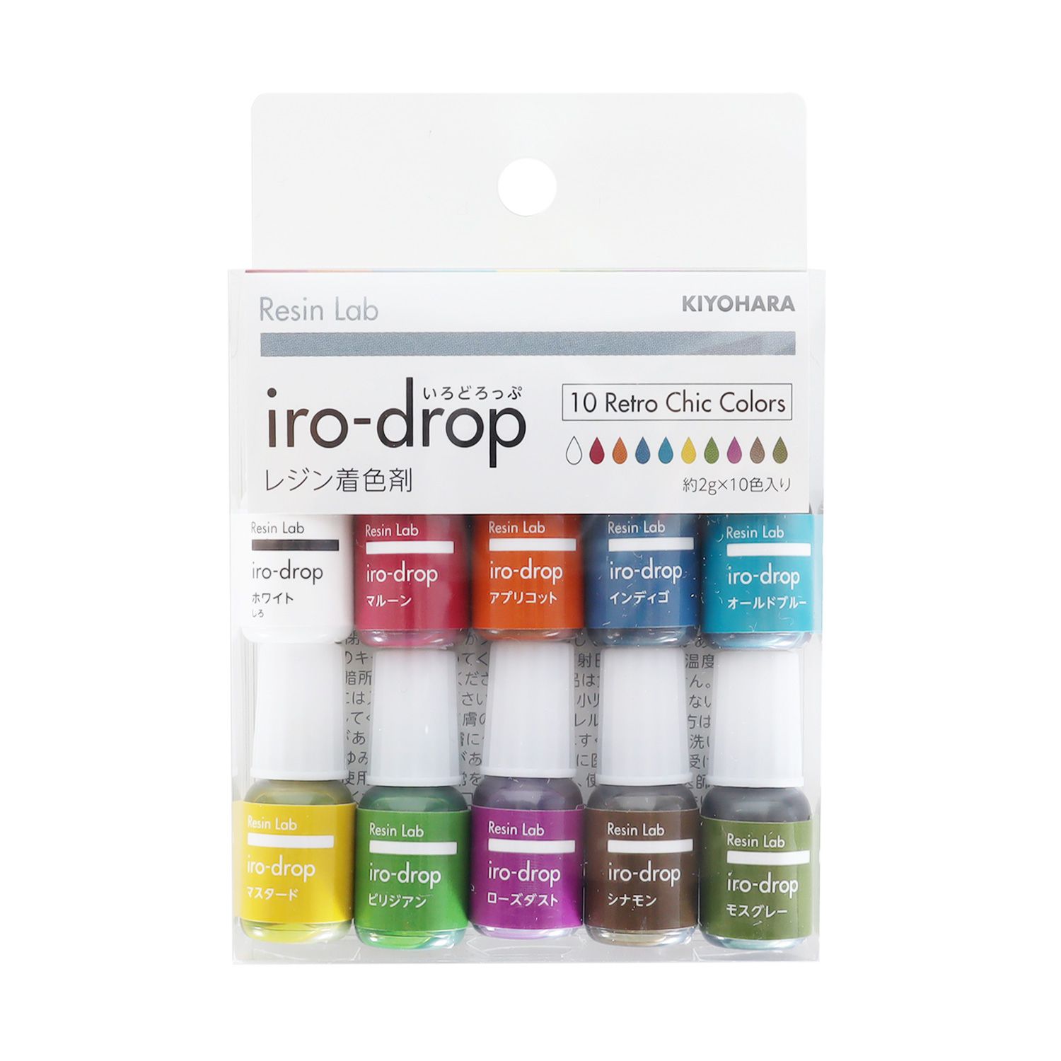 ■iro-drop（いろどろっぷ）■ ◆iro-drop（いろどろっぷ）10色セットレトロシックカラー　RLID10S-4 ◆　 カラフルな作品づくりに役立つレジン用着色剤です。 1滴（約0.03g）ずつ出して使えるので濃度が調整しやすく、手を汚すこともありません。 色同士の混色も自由自在で、幅広い表現ができます。 使用上の注意 火気厳禁 危険物第4類第4石油類危険等級III ◆在庫の都合上、メーカー発注が必要な場合があります。その場合、予定より配送にお時間いただく場合がありますのであらかじめご了承ください。 ◆画像やモニターによって実際の色合いと異なる場合があります。 ◆ご注文数量や梱包サイズにより配送方法のご希望に添えない場合があります。 ◆ご購入数により配送料金が割増になる場合があります。その場合別途メールでご確認させていただきます。 ■LEDコーティング液■ ◆内容量　　　　　 ：各約2g×10色 ◆サイズ　　　　　 ：Φ16mm×H39mm（本体サイズ） ◆　　　　　　　　 ：W76mm×H110mm×D15mm（パッケージサイズ） ◆素材/成分　　　　：有機溶剤　合成樹脂　有機顔料 ◆生産国　　 　　　：日本　 　　　　　 ◆品番/色番　　　　：RLID10S-4 ◆メーカー 　　　　：KIYOHARA 清原 ◆こちらの商品ページは1パッケージ単位での販売です。 手芸の丸十はお客様の手作りのお時間を少しでも楽しいものにしていただけるよう、お手伝いさせていただきます。手芸用品 服飾用品 生地 毛糸 雑貨 ソーイング レシピ 編み図 パターン 刺しゅう 手作りキット レジン アクセサリー ぬいぐるみ 編みぐるみ 手づくり プレゼント ベビー用品 入園入学 オーガニック素材