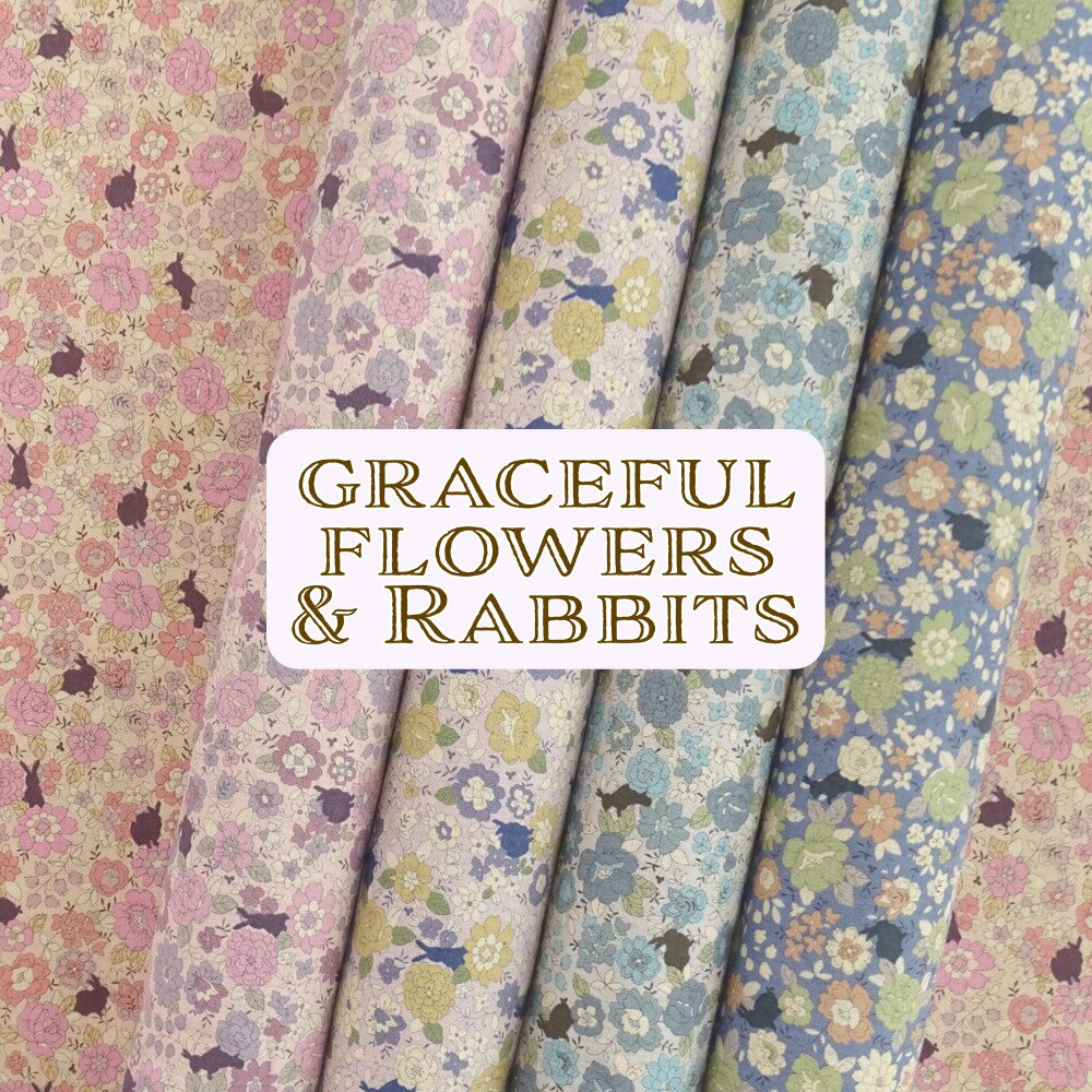 YUWA 有輪商店 うさぎ 花柄綿麻キャンバス 『graceful flowers＆rabbits』人気の花柄にうさぎデザイン　日本製