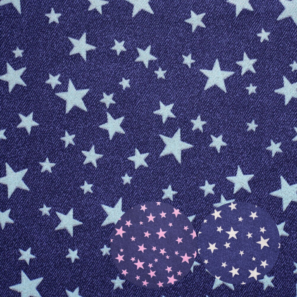 生地 星柄 ラメ デニム調【30cm以上10cm単位】綿100％ 生地幅112cm ツイル　プリントのサムネイル