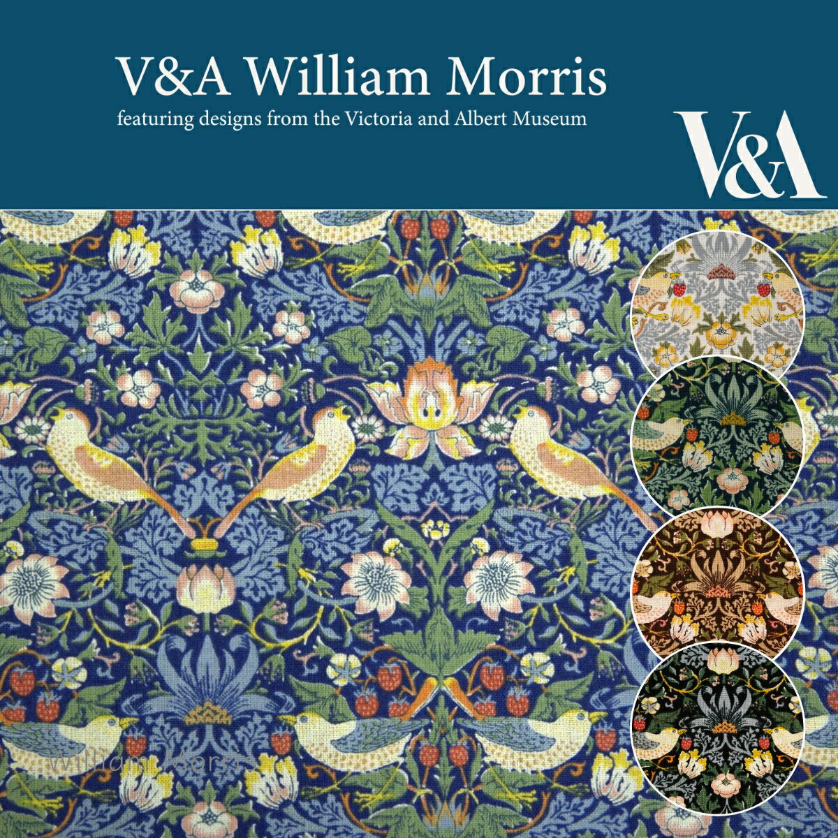 ウィリアムモリス StrawberryThief いちご泥棒 シーチング 生地【30cm以上10cm単位】V A Arts and Crafts William Morris コットン100％ 108cm幅 薄手 VA10001 日傘