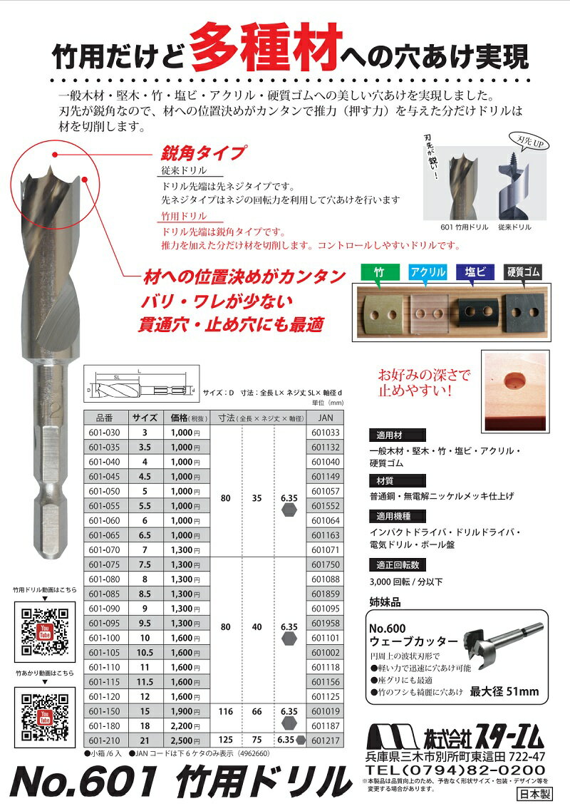 スターエム【STAR M】No.601　竹用ドリル10.5mm（ミリ）品番：601-105適用材：一般木材・堅木・竹・塩ビ・アクリル・硬質ゴム 2