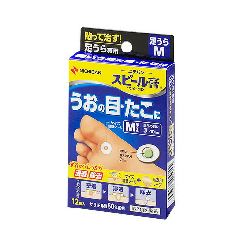 商品情報 商品名 スピール膏ワンタッチEX（足うらM） 商品特徴 スピール膏ワンタッチEXは、サリチル酸の角質軟化溶解作用を利用した角質剥離剤です。 厚く硬くなった皮ふをやわらかくし、うおの目、たこ、いぼの角質を取り去ります。 また、付属のサイズ調整シールにより、患部にのみ薬剤が付着するように調節できます。 内容物　足うらM 薬剤付パッド（薬剤部分 直径10mm）12枚入 サイズ調整シール（穴の直径3mm、4.5mm、6mm）各8枚 固定用テープ（33mm&times;44mm）12枚入 使用上の注意 ●してはいけないこと （守らないと現在の症状が悪化したり、副作用が起こりやすくなる） 次の部位には使用しないでください。 （1）目の周囲、粘膜、やわらかい皮ふ面（首の周り等）、顔面等 （角質溶解作用の強い薬剤ですからこのような部位には使用しないこと） （2）炎症又はキズ、化膿のある患部等 （炎症やキズ、化膿のある患部等に使用すると刺激が強く、症状を悪化させることがあります） （3）群生したいぼ、身体に多発したいぼ （4）みずいぼ （5）湿ったいぼ （6）外陰部や肛門周囲にできたぶよぶよしたいぼ （7）褐色か淡黒色の扁平に隆起した老人性いぼ （8）かきキズにそって一列にできた若年性扁平いぼ1．次の人は使用前に医師又は薬剤師に相談してください。 ●相談すること 1．次の人は使用前に医師、薬剤師又は登録販売者に相談してください。 （1）乳幼児（乳幼児においては皮ふが弱く注意が必要です） （2）本人又は家族がアレルギー体質の人 （3）今までに薬や化粧品等によるアレルギー症状（例えば発疹・発赤、かゆみ、かぶれ等）を起したことがある人 （アレルギーを起こした薬や成分をさけて使用する必要があります） （4）妊婦又は妊娠していると思われる人 （サリチル酸の内服による動物実験で、胎児の奇形を起こす作用が報告されています） （5）糖尿病の治療を受けている人 （糖尿病患者は感染抵抗力が低下しています。角質を取る際に皮ふを傷つけてしまった場合、感染しやすくなります） 2．本品が有効ないぼは、角質化された表面のざらざらした硬いいぼです。他のいぼについては専門医に相談してください。 3．使用後、次の症状があらわれた場合は副作用の可能性があるので、直ちに使用を中止し、この説明書を持って医師、薬剤師又は登録販売者に相談してください。 関係部位 症状 皮膚 発疹・発赤、かゆみ 4．長期間使用しても症状の改善がみられない場合は、使用を中止し、この添付文書を持って医師、薬剤師又は登録販売者に相談してください。 ●その他注意 本品や固定用テープ等をはがす時は、皮ふを傷めないように体毛の流れに沿ってゆっくりはがしてください。 効能 うおの目、たこ、いぼ 用法・用量 本品を台紙からはがし、薬剤部分を患部にズレないように貼り、2〜3日毎に新しい薬剤付パッドと交換してください。 用量・用法に関する注意 （1）小児に使用させる場合には、保護者の指導監督のもとに使用させてください。 （2）本品は外用にのみ使用し、内服しないでください。 （3）緑色の薬剤部分が健康な皮ふに付着すると、その部分も白く軟化し、痛んだりしますので、患部の周りの皮ふにつかないようによく注意して使用してください。 （4）薬剤が患部からズレた場合は一を戻すか、新しいものに交換してください。 （4）固定用テープをお使いの際には、皮ふかぶれやテープのはがれをさけるため、テープを伸ばさずにお貼りください。 成分 成分（1cm2中）：サリチル酸・・・45mg（サリチル酸50%配合） 添加物として、生ゴム、中鎖脂肪酸トリグリセリド、水素添加ロジングリセリンエステル、精製ラノリン、銅クロロフィンナトリウム、その他1成分を含有する。 保管および取扱上の注意 （1）直射日光をさけ、なるべく湿気の少ない涼しい所に保管してください。 （2）小児の手のとどかない所に保管してください。 （3）誤用をさけ、品質を保持するため、他の容器に入れかえないでください。 （4）開封後、残った薬剤付パッド（スピール膏ワンタッチEX）及び固定用テープ類は、品質保持のため同じ袋には入れず、それぞれもとの袋に戻し、もとの箱に入れて保管してください。 製造販売元 ニチバン株式会社 〒112-0014　東京都文京区関口2-3-3 お問い合わせ ニチバン株式会社　お客様相談室 フリーダイヤル：0120-377218 受付時間：9：00〜12：00、13：00〜17：00（土・日・祝日を除く） JANコード 4987167051341 広告文責 株式会社ルフィ　登録販売者：河本裕之　TEL：0120-44-7837 ご購入・ご使用にあたってのご相談受付先 株式会社ルフィ（マルアイドラッグ） 登録販売者：河本裕之 フリーダイヤル：0120-44-7837（受付時間10：00〜20：00） ファックス：072-268-6446（24時間受付） メール：info@luffy.co.jp（24時間受付） 区分 日本製・第2類医薬品ご購入額、税込10,000円未満の場合は、手数料が加算されます。注文確認画面・自動配信メールではお支払い金額が異なる場合がございます。 当店にてご注文を確認した後に正式なお支払い合計金額をメールにてお知らせいたします こちらの商品は宅配便対応です。 ポスト投函配送をご希望の方はスピール膏ワンタッチEX（足うらM）【第2類医薬品】≪ポスト投函対応≫よりをご注文ください。