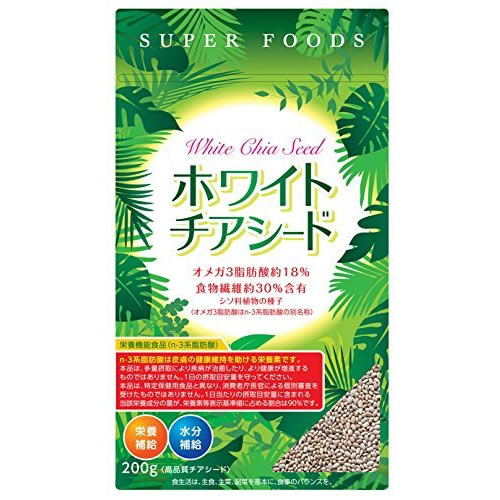 商品情報 商品名 ホワイトチアシード 商品特徴 ●自然のサプリ スーパーフード・奇跡の食材 チアシードとはシソ科の植物の種子で、オメガ3の含有量が高く、美容の味方といわれています。一方、水分を含むとお腹の中で膨張しますので、満腹感や腹持ちも良くダイエットの味方としても知られています。 ●美容の味方 サンヘルスのホワイトチアシードは、n-3系脂肪酸の栄養機能食品です。 オメガ3＝n-3系脂肪酸を約18％含み、そのn-3系脂肪酸は皮膚の健康維持を助ける栄養素です。他にも食物繊維・アミノ酸・ミネラル・ビタミンを豊富に含み、まさに美容の味方です。 ●ダイエットの味方 ホワイトチアシードは水分を吸収して約14倍に膨張する特徴があります。食事の前に飲んだり、食事に加えることで満腹感が得られ、腹持ちも良くダイエット中の方におすすめです。 ●高品質 ホワイトチアシードは輸入食品残留農薬（平成27年）全366項目の検査に合格し、細菌・カビ・重金属・栄養成分調査にも合格した高品質チアシードです。国内での商品化直前にも、栄養成分が壊れない方法でさらに殺菌しています。 ●普通のチアシードとの違い 一般のチアシードは、黒又は茶色の種子が混合しています。それを選別・栽培・選別を繰り返し品種改良した結果、白い種子だけのチアシードが生まれました。これがホワイトチアシードです。ホワイトチアシードは見た目も美しく一般のチアシードに比べ、養成分も豊富です。また、水分を吸収した時に、一般のチアシードより約40％大きく膨張します。 名称 ホワイトチアシード 内容量 200g 原材料名 チアシード 栄養成分表示 10gあたり エネルギー：45.7kcal、たんぱく質：2.0g、脂質：3.3g(飽和脂肪酸：0.36g、n-3系脂肪酸：1.82g、n-6系脂肪酸：0.61g)、炭水化物：3.5g(糖質：0.5g、食物繊維：3.0g)、食塩相当量：0g お召し上がり方 【1日当たりの摂取目安量】 1日当たり10gを目安に下記へ加えお召し上がりください。(大さじ1杯) 【飲み物に】 ●ソフトドリンク類(水・ジューススムージー・ハニーレモンテイー・お茶など) ●アルコール類(水・お湯わり・甘酒・ビール・ワイン・焼酎・ウイスキー・お酒など) ●暑い日には300-500mLのペットボトルに入れて前日作り、冷蔵庫で保存し、当日お飲みください。 【トッピングに】 ●サラダ・ヨーグルト・スープ・味噌汁・ソース・たれ・和え物・酢の物・ドレッシング・ジュレ・ナムル・豆腐(温・冷)・納豆・佃煮など ●ホワイトチアシード添加後、よくかき混ぜ3-5分後にお召し上がりください。 【お料理に混ぜても】 ●おむすび・揚げ物・ソテーハンバーグ・麻婆豆腐・ディップスイーツ・パン・プディング・フォンデュ・ゼリーなど ●ホワイトチアシードを事前に少量の水にとき、他食材と混合してください。 ●お米の炊飯の場合には、事前に水に浸して加える、おむすびは炊き上がりご飯に混合してください。 栄養機能食品 (n-3系脂肪酸) n-3系脂肪酸は皮膚の健康維持を助ける栄養素です。 本品は、多量摂取により疾病が治癒したり、より健康が増進するものではありません。1日の摂取目安量を守ってください。 本品は、特定保健用食品と異なり、消費者庁長官による個別審査を受けたものではありません。 1日当たりの摂取目安量に含まれる当該栄養成分の量が、栄養素等表示基準値に占める割合は90%です。 ご注意 品質向上のため、ふるい・カラー選別機などを使用しておりますが、時々黒・茶色チアシード、その他食用雑穀などの植物微小片が混入している場合があります。お召し上がりになっても健康上問題はございません。 又、残留農薬については平成27年度輸入食品全366項目検査を実施、細菌・重金属・栄養成分についても厳密な検査を実施した高品質チアシードです。 保存方法 高温・多湿を避け、開封後は密閉しお早めにお召し上がりください。 販売者 株式会社サンヘルス 104-0031　東京都中央区京橋1丁目1-9 TEL：03-3271-8381 JANコード 4905308591129 広告文責 マルアイドラッグ　0120-44-7837 区分 原産国：ボリビア・栄養機能食品ご購入額、税込10,000円未満の場合は、手数料が加算されます。手数料は自動計算されませんので、当店にてご注文を確認した後に正式なお支払い合計金額をメールにてお知らせいたします。