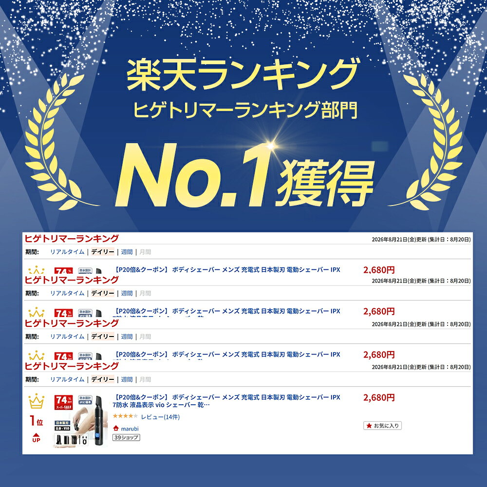 【クーポンで2,310円】「楽天1位」 ボディシェーバー メンズ 充電式 日本製刃 電動シェーバー IPX7防水 液晶表示 vio シェーバー 乾湿両用 ボディトリマー ムダ毛処理 残量表示 自動研磨 お風呂剃り可 すね毛 全身 男性 ボディ デリケートゾーン 対象B (2)