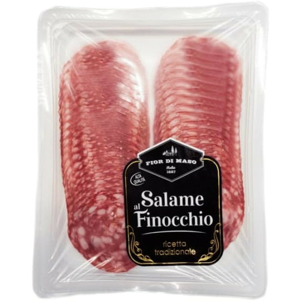 アメリカ産の高品質な豚肉を使用し、イタリアンサラミの伝統にならって丁寧に仕上げたフィオルディマーゾのサラーメフィノッキオ。フェンネル（フィノッキオ）のすっとした香りと、豚肉の旨み、熟成感のある深いコクが重なる本格的なデリ商品です。薄くスライス済みの200gパックなので、包丁を使わず開封後すぐに使え、そのままおつまみとして楽しめます。ワインやチーズとの相性はもちろん、ピザ、パスタ、サンドイッチ、サラダ、ブルスケッタにのせてもよく合い、いつもの食卓を手軽にイタリアン風に演出します。少し常温に戻して香りを立たせ、オリーブオイルや黒胡椒、レモンを添えると味が引き締まります。晩酌のお供、ホームパーティ、ピクニック、おもてなしの前菜、忙しい日のプラス一品に便利。本格イタリアンデリをおうちで気軽に楽しみたい人におすすめです。また、サラミの塩気とフェンネルの爽やかさは、ビールやスパークリングワイン、ハイボールにもよく合います。冷蔵保存し、開封後は早めにお召し上がりください。
