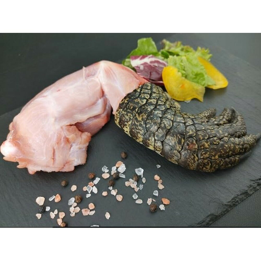タイ産のワニの骨付き手足を約400g単位でご用意しました。ワニ肉は鶏肉に近い淡白な味わいながら、噛み応えがあり、骨付きならではのコクと旨みを楽しめます。じっくり煮込むとスープや出汁に深い味わいが広がり、カレーや煮込み料理、グリル、唐揚げなど幅広い調理に合います。調理前に冷凍状態からしっかり解凍し、流水でよく洗ってください。下味に塩、こしょう、ハーブ、香味野菜を使うと臭みがやわらぎ、素材の旨みが引き立ちます。煮込みの場合は、にんにくやしょうが、スパイスを加えて長時間加熱すると、やわらかく食べやすくなります。また、唐揚げやグリルでは香ばしさと歯ごたえを楽しめます。希少なタイ産ワニ肉を味わいたい方、いつもと違う特別な食卓を演出したい方、新しい食材に挑戦したい方におすすめです。ホームパーティーや記念日の一品、キャンプ料理、お酒に合う珍味としても活躍します。骨の周りには旨みが詰まり、煮込みやスープにすると濃厚な出汁が楽しめます。冷凍で保管し、必要な分を使ってください。