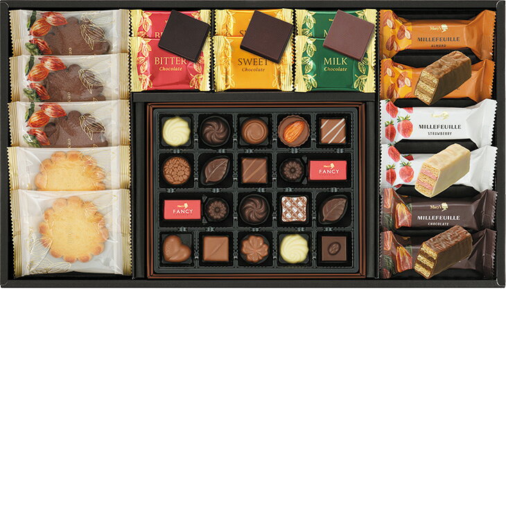 商品内容ファンシーチョコレート×20、ミルフィーユ×6（アーモンド×2、ストロベリー×2、チョコレート×2）、プレーンチョコレート×6（ミルク×2、スイート×2、ビター×2）、クッキー×5　各種アイコンアイコンの説明はこちら【カタログ掲載ページ】はこちら【お歳暮ギフトについてのご案内】はこちらお届け可能地域一部離島には配達ができません。詳しくはご案内をご確認ください。