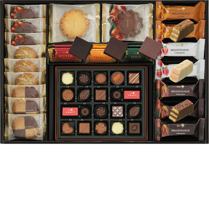 商品内容ファンシーチョコレート×20、ミルフィーユ×7（アーモンド×2、ストロベリー×2、チョコレート×3）、プレーンチョコレート×6（ミルク×2、スイート×2、ビター×2）、クッキー×13　各種アイコンアイコンの説明はこちら【カタログ掲載ページ】はこちら【お歳暮ギフトについてのご案内】はこちらお届け可能地域一部離島には配達ができません。詳しくはご案内をご確認ください。