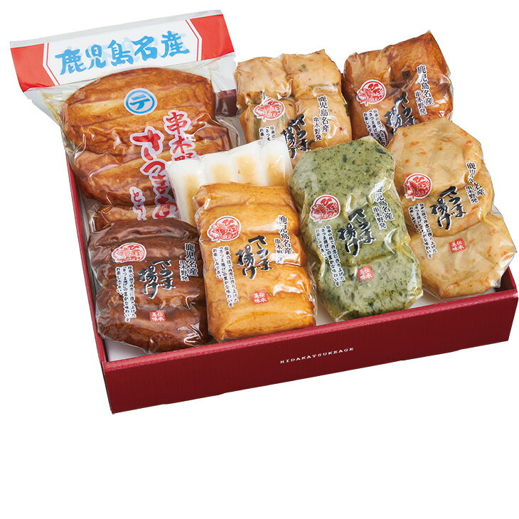 商品内容豆腐入りさつま揚げ×3、えそ棒天×5、いわし棒天×5、やさい天×3、いかニラ天×5、きのこ天×5、ちぎり蒲鉾×4、よもぎ天×3●賞味期限：冷蔵にて30日　各種アイコンアイコンの説明はこちら割引情報（表示価格は税抜）【ネット割】カタログ掲載価格（黒字）4,500円↓販売価格4,050円【10％引】【カタログ掲載ページ】はこちら【お歳暮ギフトについてのご案内】はこちらその他特記事項　 ※こちらの商品は無包装のみの商品になります。先様に直接お届けする前提であり、お品物を包装せずに直接お届け伝票を貼り付けてのお届けとなります。お手持ちされるギフトとしては不向きですのでご注意ください。お届け可能地域一部離島には配達ができません。詳しくはご案内をご確認ください。創業1948年。鹿児島の黒酒・甘酒で仕上げた本場の味、特に人気のさつま揚げの詰合せ。
