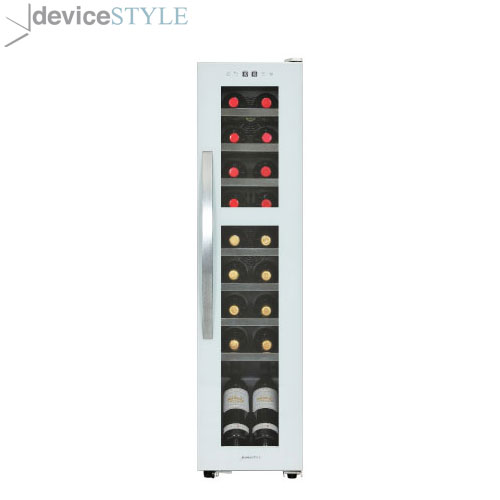 製品仕様表メーカーデバイスタイル種類ワインセラー型名DCG-C18S-W収納本数18本 （750mlボルドーで換算）定格内容量72L庫内寸法上部 幅 204mm × 奥行き 350mm × 高さ 375mm下部 幅 204mm × 奥行き 350mm × 高さ 633mm外形寸法幅 290mm × 奥行き 500mm × 高さ 1160mm本体質量33kg電源コード長1.8m定格消費電力75/75W定格電圧（周波数）AC100V　（50/60Hz）冷却方式コンプレッサー式使用環境温度10 - 32℃庫内温度設定範囲5 - 20℃放熱スペース背面・上部・左右 : 50mm 以上付属品ドアハンドル、ドアハンドル取り付けネジx2、ワイン棚x7、取扱説明書（保証書つき）備考本機の仕様は改善のため、予告なく変更することがあります。※ この製品には、加温機能はありません。据え付け場所について取扱説明書をよくお読みいただき、以下の点にご注意のうえ、設置してください。・直射日光や、暖房器具など熱の当たらないところに設置する。・ラジオ・テレビ・コードレス電話などから離しておく。・湿気が少ないところ設置する。・丈夫で水平な床面に置く。・放熱スペースをあける。・ワインセラーを積み重ねたり、棚の上などに置かない。・庫内温度を一定に保つため、背面・上部・左右は各 50mm 以上スペースを空けてください。 送料について北海道・沖縄・離島を除き送料無料です。北海道・沖縄・離島は送料都度見積りとなります。お問合せください。返品・交換・キャンセルについて返品・交換・キャンセル不可商品となります。