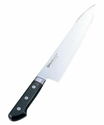 製品仕様表全長505重量(g)395背厚2.7特徴切れ味が冴え、しかもサビにくい。ミソノ・モリブデン鋼包丁は、モリブデンとバナジウムの入ったハイカーボンの高級ステンレス(13クローム)・モリブデン鋼を使用し、ハイレベルの技術を駆使した理想の洋包丁です。