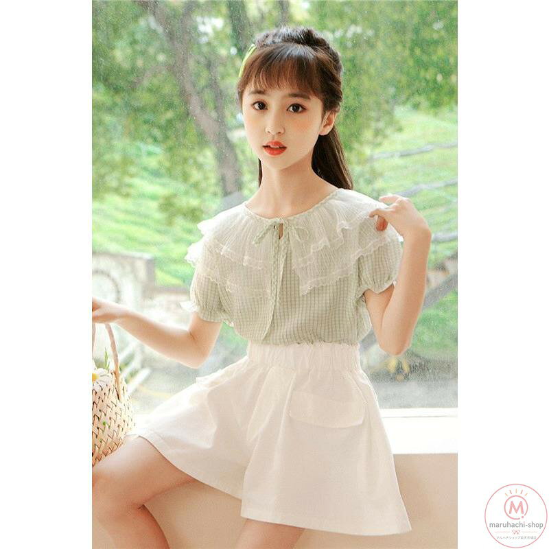 子ども女の子 ガーリーな大きめ襟ブラウスと白いキュロット セットアップ 2点セット 半袖シャツ ミントグリーン ピンクオレンジ 130 140 150cm メーカー希望小売価格はメーカーサイトに基づいて掲載しています