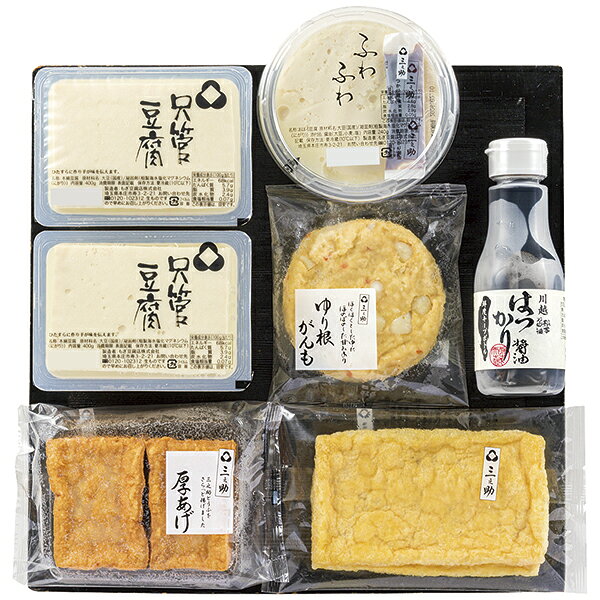 ■説明伝統の心と技を受け継ぎ、ひたすらに磨き続けています。昭和のはじめ初代三之助が日本橋浜町で作っていた味を守り継いでいる豆腐です。原材料から徹底的にこだわり、厳選した素材だけを使用。おいしさをひたすらに追求してお豆腐を作り続けています。■商品詳細内容量：只管豆腐400g×2、ふわふわ240g、油あげ2枚入、三之助厚揚げ2個入、ゆり根がんも、はつかり醤油鮮度キープボトル200ml消費期限：冷蔵で5日温度帯：冷蔵便でお届けいたします。特定原材料：商品記号:045‐M-411■お届け時期についてお届け時期：11月25日からのお届け備考：カタログ掲載P9沖縄・離島は配送できません■発送について ※商品画像はイメージです。パッケージ・内容・価格等、予告なく変更させていただく場合がございますので予めご了承ください。※ご贈答用包装・指定日配送はご容赦ください。■返品・交換について※商品の特性上、返品・交換はご容赦ください。