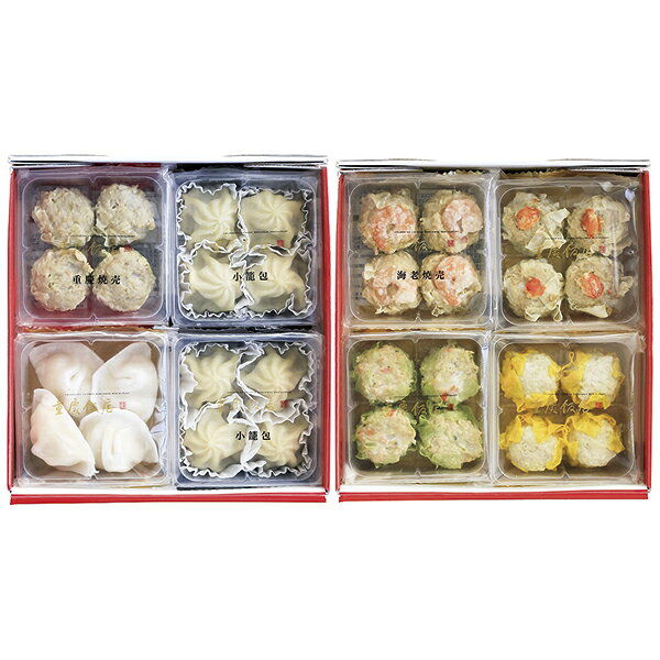 ■説明1959年創業、横浜中華街の四川料理専門店。こだわりの味を個包装でお届けします。大粒の重慶焼売など、彩り豊かな7種の点心詰合せです。袋のまま電子レンジ調理できるので、手軽にお楽しみいただけます。■商品詳細内容量：重慶焼売・海老焼売・蟹焼売・いか焼売・野菜焼売・蝦仁餃子 各4個入、小籠包4個入×2賞味期限：冷凍で180日温度帯：冷凍便でお届けいたします。特定原材料：商品記号:234‐K8‐JH■お届け時期についてお届け時期：順次発送(5日~10日で発送)備考：カタログ掲載P31北海道・九州・沖縄・離島は配送できません■発送について ※商品画像はイメージです。パッケージ・内容・価格等、予告なく変更させていただく場合がございますので予めご了承ください。※ご贈答用包装・指定日配送はご容赦ください。■返品・交換について※商品の特性上、返品・交換はご容赦ください。