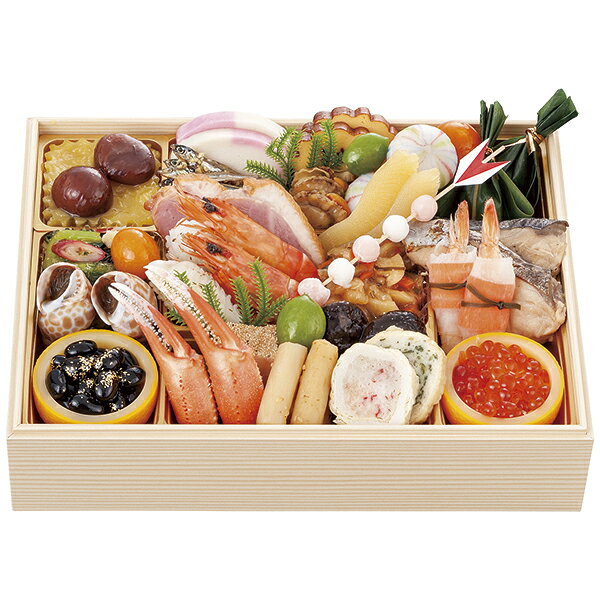 ■説明海鮮を中心に、味わい深い吟味された品々を入れた和の少人数おせち。■商品詳細内容量：約2人前賞味期限：冷凍保存で2月28日温度帯：冷凍便でお届けいたします。特定原材料：卵・小麦・えび・かに・落花生・乳保存方法:解凍方法：冷蔵庫にて約18時間商品記号:T-17サイズ:19.7×26×5.5cm×1段■お届け時期についてお届け時期：配送日は12月29日（火）・30日（水）のいずれか備考：※食材の都合により、商品内容が一部変更になる場合がございます。※〈配送料込み〉の直送商品は、表示価格に配送料が含まれております。※〈冷凍直送〉の商品は、解凍に時間がかかるためお召し上がりの前日をご指定ください。※お時間の指定はご容赦ください。※店舗でのお渡しはできません。※異なる場所から直送するため、他の商品との組み合わせ配送はできません。■発送について ※商品画像はイメージです。パッケージ・内容・価格等、予告なく変更させていただく場合がございますので予めご了承ください。※ご贈答用包装・のし掛けはご容赦ください。■返品・交換について※商品の特性上、返品・交換はご容赦ください。