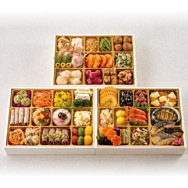 ■商品詳細内容量：55品目・約3～4人前賞味期限：冷凍保存で1月31日温度帯：冷凍便でお届けいたします。特定原材料：卵・乳・小麦・えび・くるみ保存方法:解凍：冷蔵庫にて約24時間商品記号:WEB-20サイズ:18×24.2×4cm×3段■お届け時期についてお届け時期：配送日は12月29日(火)・30日(水)のみ備考：※食材の都合により、商品内容が一部変更になる場合がございます。※〈配送料込み〉の直送商品は、表示価格に配送料が含まれております。※〈冷凍直送〉の商品は、解凍に時間がかかるためお召し上がりの前日をご指定ください。※お時間の指定はご容赦ください。※店舗でのお渡しはできません。※異なる場所から直送するため、他の商品との組み合わせ配送はできません。■発送について ※商品画像はイメージです。パッケージ・内容・価格等、予告なく変更させていただく場合がございますので予めご了承ください。※ご贈答用包装・のし掛けはご容赦ください。■返品・交換について※商品の特性上、返品・交換はご容赦ください。