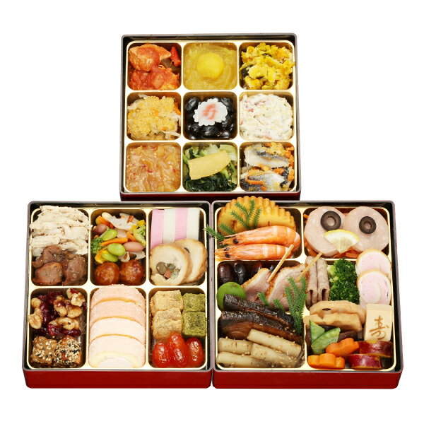 ■商品詳細内容量：47品目・約3人前賞味期限：冷凍保存で1月31日温度帯：冷凍便でお届けいたします。特定原材料：卵・乳・小麦・えび・くるみ保存方法:解凍：冷蔵庫にて約24時間商品記号:WEB-55サイズ:16.5×16.5×4.5cm×3段■お届け時期についてお届け時期：配送日は12月30日(水)のみ備考：※食材の都合により、商品内容が一部変更になる場合がございます。※〈配送料込み〉の直送商品は、表示価格に配送料が含まれております。※〈冷凍直送〉の商品は、解凍に時間がかかるためお召し上がりの前日をご指定ください。※お時間の指定はご容赦ください。※店舗でのお渡しはできません。※異なる場所から直送するため、他の商品との組み合わせ配送はできません。■発送について ※商品画像はイメージです。パッケージ・内容・価格等、予告なく変更させていただく場合がございますので予めご了承ください。※ご贈答用包装・のし掛けはご容赦ください。■返品・交換について※商品の特性上、返品・交換はご容赦ください。