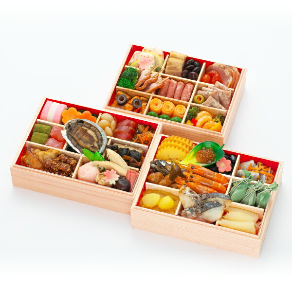 ■商品詳細内容量：53品目・約3人前賞味期限：冷凍保存で1月31日温度帯：冷凍便でお届けいたします。特定原材料：卵・乳・小麦・えび保存方法:解凍：冷蔵庫にて約24時間商品記号:WEB-57サイズ:15.3×20.3×5cm×3段■お届け時期についてお届け時期：配送日は12月30日(水)のみ備考：※食材の都合により、商品内容が一部変更になる場合がございます。※〈配送料込み〉の直送商品は、表示価格に配送料が含まれております。※〈冷凍直送〉の商品は、解凍に時間がかかるためお召し上がりの前日をご指定ください。※お時間の指定はご容赦ください。※店舗でのお渡しはできません。※異なる場所から直送するため、他の商品との組み合わせ配送はできません。■発送について ※商品画像はイメージです。パッケージ・内容・価格等、予告なく変更させていただく場合がございますので予めご了承ください。※ご贈答用包装・のし掛けはご容赦ください。■返品・交換について※商品の特性上、返品・交換はご容赦ください。