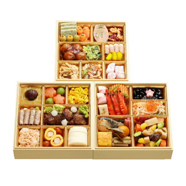 ■商品詳細内容量：44品目・約3～4人前賞味期限：冷凍保存で1月31日温度帯：冷凍便でお届けいたします。特定原材料：卵・乳・小麦・えび・くるみ保存方法:解凍：冷蔵庫にて約24時間商品記号:WEB-58サイズ:20.2×20.2×5.5cm×3段■お届け時期についてお届け時期：配送日は12月30日(水)のみ備考：※食材の都合により、商品内容が一部変更になる場合がございます。※〈配送料込み〉の直送商品は、表示価格に配送料が含まれております。※〈冷凍直送〉の商品は、解凍に時間がかかるためお召し上がりの前日をご指定ください。※お時間の指定はご容赦ください。※店舗でのお渡しはできません。※異なる場所から直送するため、他の商品との組み合わせ配送はできません。■発送について ※商品画像はイメージです。パッケージ・内容・価格等、予告なく変更させていただく場合がございますので予めご了承ください。※ご贈答用包装・のし掛けはご容赦ください。■返品・交換について※商品の特性上、返品・交換はご容赦ください。