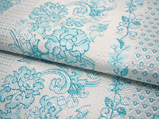 名古屋帯 単品 絹 仕立て付き 九寸 白地 ターコイズブルー 花 格子 縞 花更紗 なごや帯 全通柄 カジュアル 西陣織 大光株式会社謹製 証紙付き 女性 レディース 着物 和装 和服 新品 日本製 送料無料