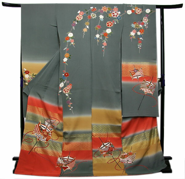 振袖 成人式 着物 正絹 中振袖 卒業式 シルク 絹 フォーマル 結婚式 礼装 未仕立て正絹中振袖 グレー地吉祥花枝垂れに古典糸巻き模様