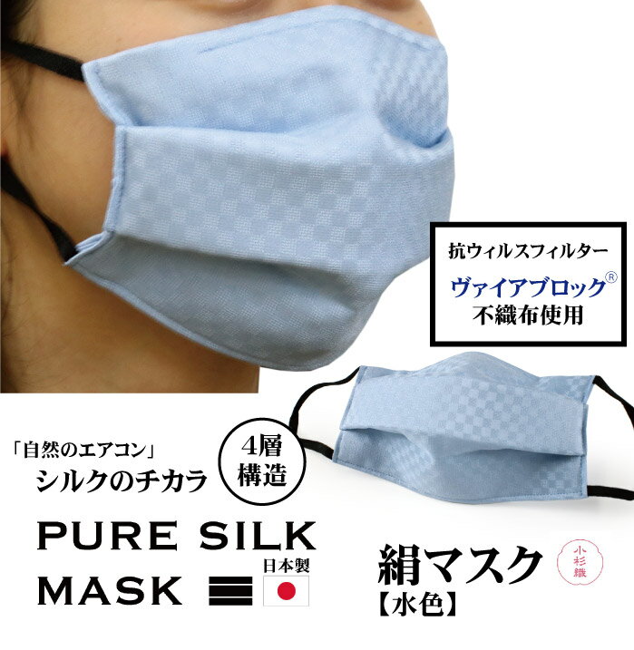 絹 マスク 日本製 洗える 水色 極小 市松格子 プリーツ 