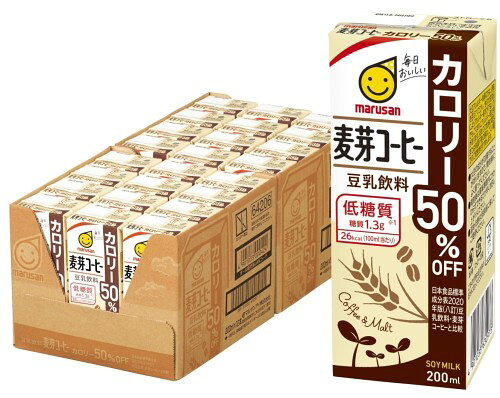 カロリー:1パック(200ml)当り48kcal 商品サイズ (幅X奥行X高さ):330×155×120mm 内容量:200ml×24 豆乳に麦芽をブレンドし、香ばしく飲みやすく仕上げました。