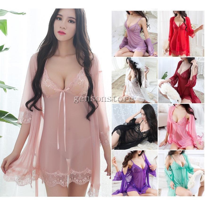 ランジェリー 3点セット ガウン+キャミソール+Tバック レース 透け感 インナー レディース ネグリジェ..