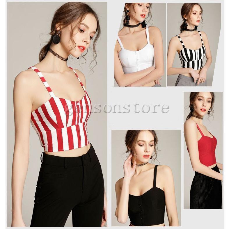 ブラトップ インナー レディース ストライプ柄 ビスチェ ショート丈 キャミソール フロントボタン へそ..