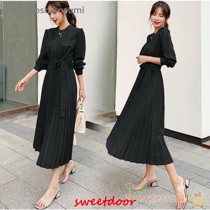 ワンピース レディース きれいめ フォーマルワンピース 春 秋 冬 ミディアム丈ワンピース ハイウエスト 長袖 Aラインワンピース 二次会 通勤 OL 40代 着痩せ