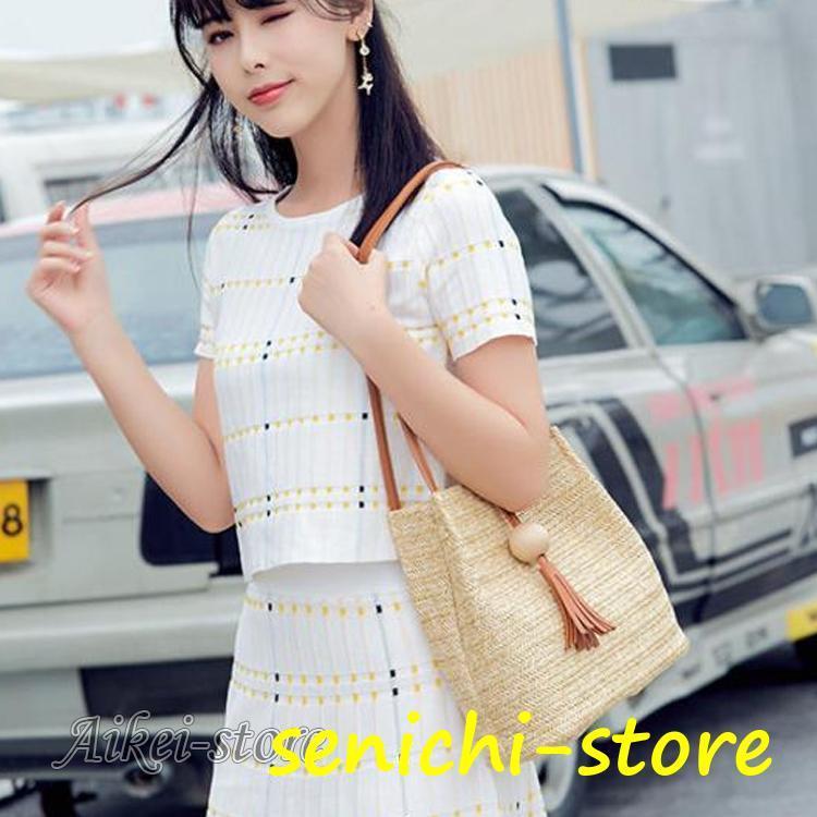 かごバッグ レディース トートバッグ 麦わらバッグ ピクニック 海 ビーチ 斜めがけ 夏バッグ 麦わらバッグ 軽量 かわいい 草編みバッグ　オシャレ