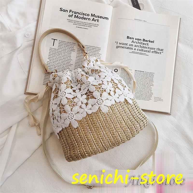 かごバッグ レディース ショルダーバッグ 巾着型 レース 手提げ 斜めがけ 祭り 手提げバッグ ストロー..