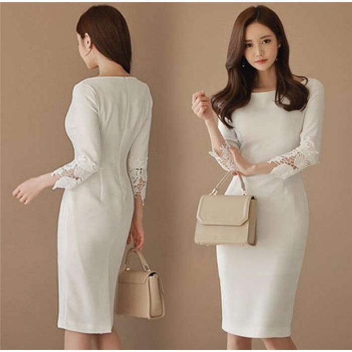 ワンピース きれいめ レディース 春 秋 膝丈 長袖 パーティードレス タイトスカート 白 結婚式ドレス ロングワンピース お呼ばれ 卒業式 レース上品 着痩せ
