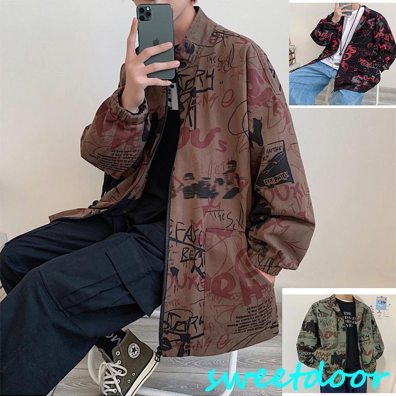 メンズ　 ジャンパー カジュアルコート アウター 落書き柄 個性的 おしゃれ かっこいい　防風　ファッ..