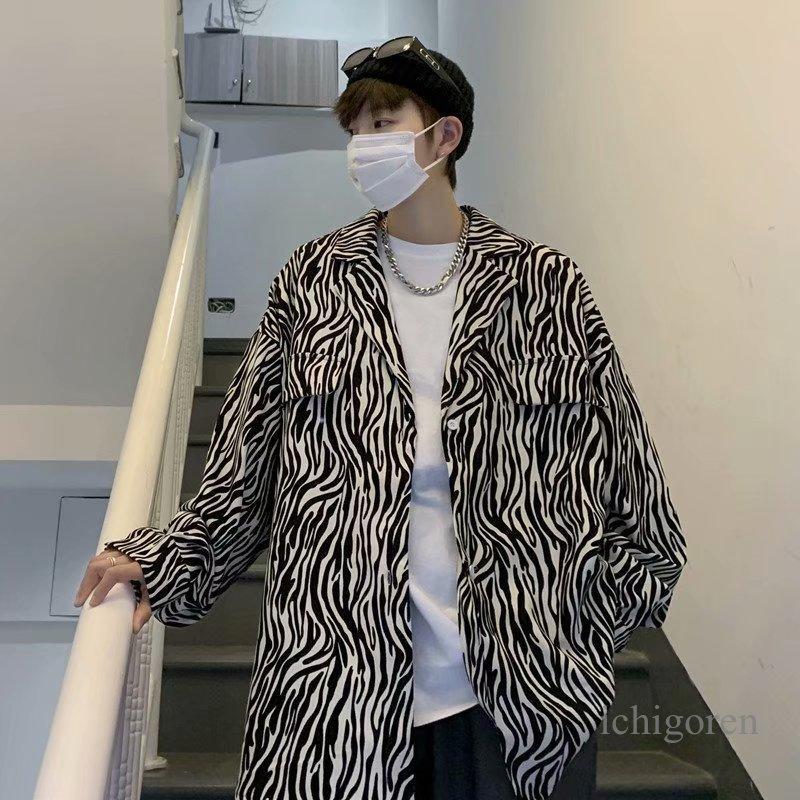 長袖シャツ メンズ 柄シャツ ゼブラパターン柄 折り襟 前開き トップス カジュアル ゆったり ファッシ..