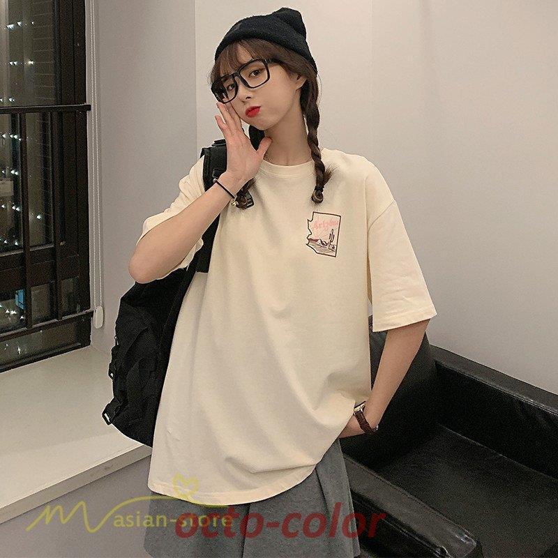 カットソー レディース トップス 夏コーデ プリント ワイドTシャツ ゆったり 韓国風 丸首 クルーネック..